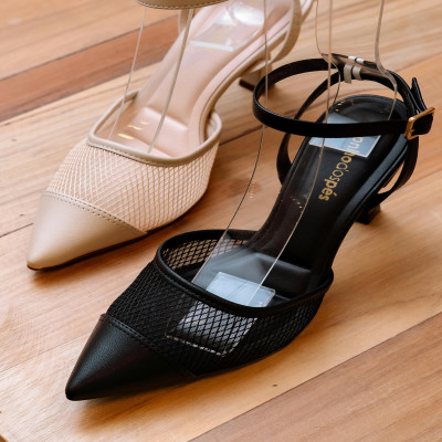 Stylish Mesh Heeled Shoes on Wooden Floor